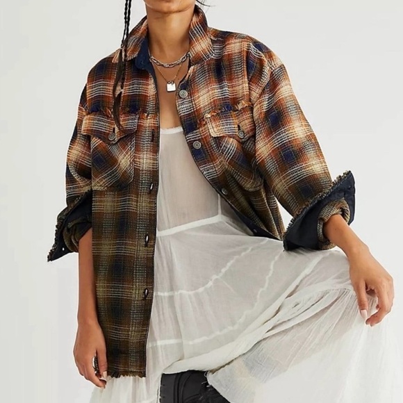Free People Anneli Plaid Shirt Jacket textured longline thick D - Picture 1 of 13